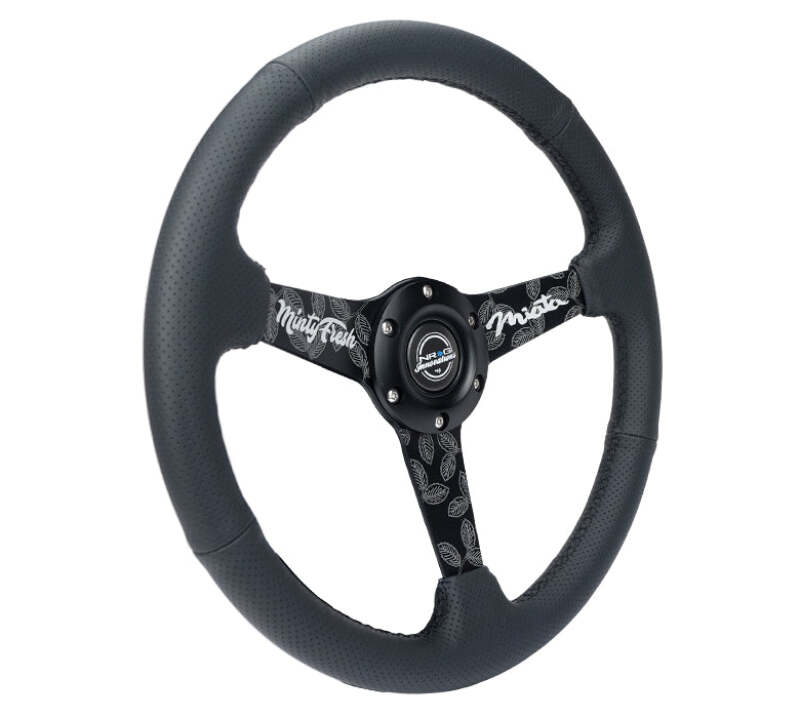 NRG Reinforced Black Perforated Leather Steering Wheel 350mm / 1.5in Deep w/ Goal Digger Blk Stitch