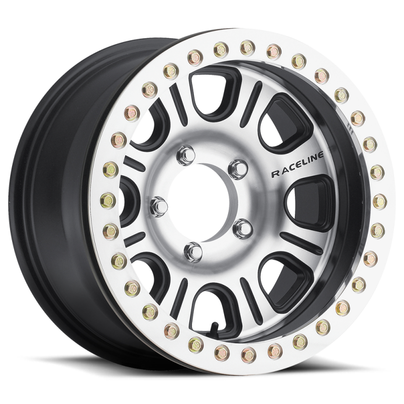 Raceline RT232 Monster 17x8.5in/6x139.7 BP/-25mm Offset/107.95mm Bore - Black & MACH. Beadlock Wheel