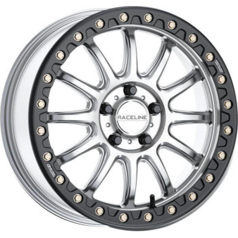 Raceline A14SB Alpha 15x7in/4x137 BP/10mm Offset/110.18mm Bore - Silver & Blk Ring Beadlock Wheel