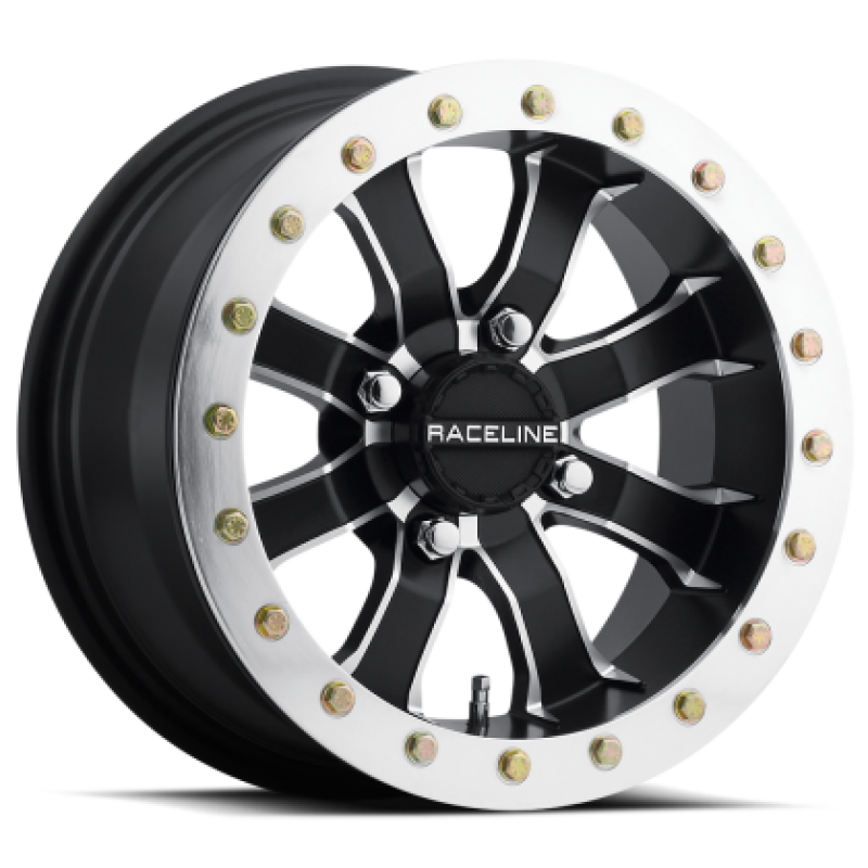 Raceline A71 Mamba 14x10in/4x156 BP/5+5 0mm Offset/132.5mm Bore - Blk & Machined Ring Beadlock Wheel