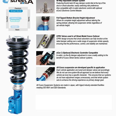 Cusco Street Zero-A Mitsubishi Evo V/VI (CP9A) 40-Way Adj Coilovers w/ Fr Pillow/Rear Rubber Mounts