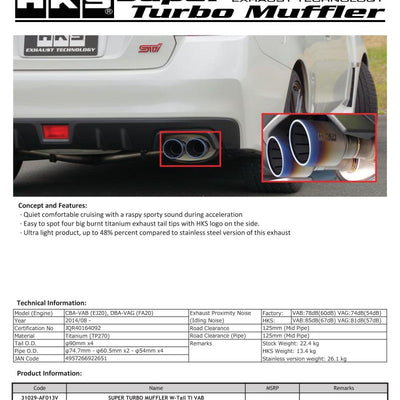 HKS SUPER TURBO MUFFLER  Ti Subaru VAB WRX STI/VAG WRX S4