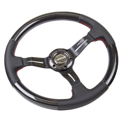 NRG Carbon Fiber Steering Wheel (350mm /1.5in. Deep) Leather Trim w/Red Stitch & Slit Cutout Spokes