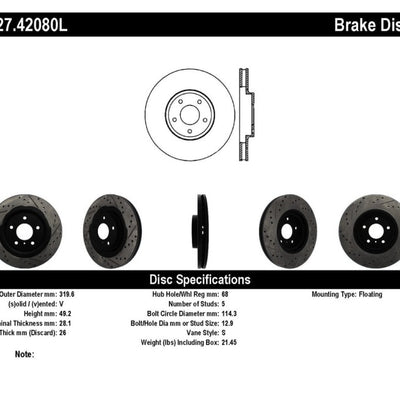StopTech 06-07 350Z / 05-07 G35 exp Sport/ 06-07 G35X SportStop Slotted & Drilled Front Left Rotor
