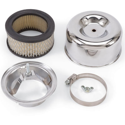 Edelbrock Air Cleaner 94 Series Round Steel Top 4 65In Dia X 3 125In 2 63In ID Raised Base Chrome