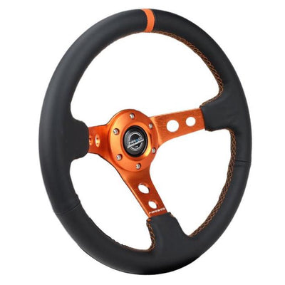 NRG Reinforce Steering Wheel (350mm / 3in. Deep) Blk Leather, Orange Center Mark w/ Orange Stitching