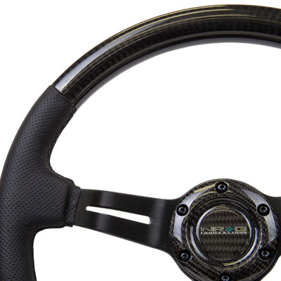 NRG Carbon Fiber Steering Wheel (350mm / 1.5in. Deep) Leather Trim w/Blk Stitch & Slit Cutout Spokes