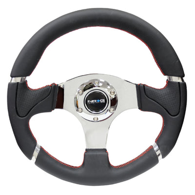 NRG Reinforced Steering Wheel (320mm) Blk Leather/Red Stitching w/Chrome 3-Spoke Center
