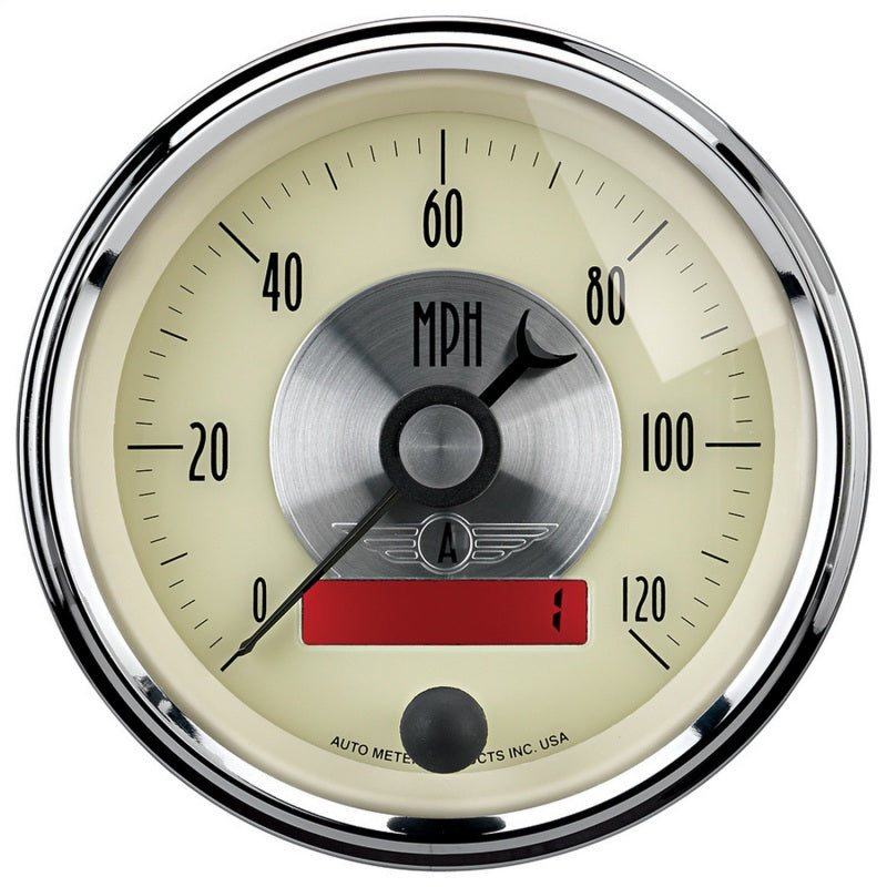 AutoMeter Gauge Speedo 3-3/8in. 120MPH Elec. Program W/Lcd Odo Prestige Antique. Ivory