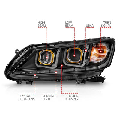 ANZO 2013-2015 Honda Accord (4dr ONLY) Projector Headlights w/ U-Bar Black