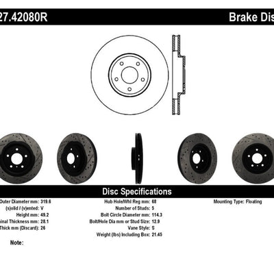 StopTech 06-07 350Z / 05-07 G35 exp Sport/ 06-07 G35X SportStop Slotted & Drilled Front Right Rotor