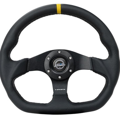 NRG Reinforced Steering Wheel (320mm) Sport Leather Flat Bottom w/ Yellow Center Mark