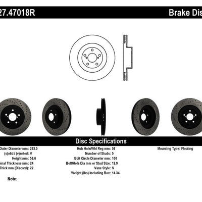 StopTech 02-10 Subaru WRX Slotted & Drilled Right Front Rotor (exc. STi)
