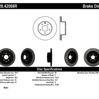 StopTech 08-09 Infiniti EX35 / 05-08 G35 / 09 G37 / 06-09 M35/M45 Drilled Right Rear Rotor