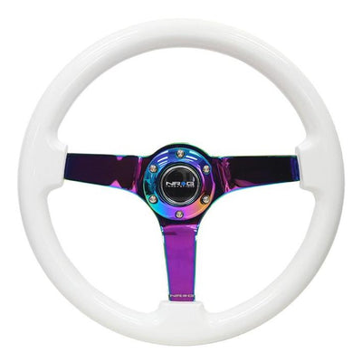 NRG Reinforced Steering Wheel (350mm / 3in. Deep) Classic White w/4mm Neochrome Solid 3-Spoke