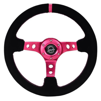 NRG Reinforced Steering Wheel (350mm/ 3in. Deep) Black Suede/ Fushia Center Mark/ Fushia Stitching