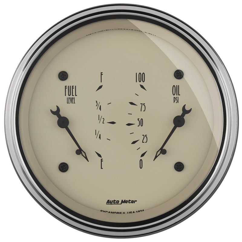 AutoMeter Gauge Dual Fuel & Oilp 3-3/8in. 0 Ohm(e) to 90 Ohm(f)& 100PSI Elec Antique Beige