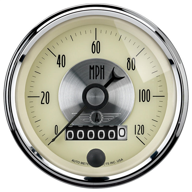 AutoMeter Gauge Speedo 3-3/8in. 120MPH Elec. Program W/Wheel Odo Prestige Antique. Ivory