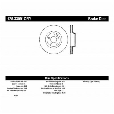 Centric Premium 03-18 Porsche Cayenne Front Right CRYO-STOP Rotor