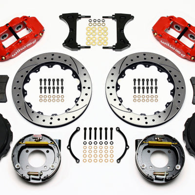 Wilwood Narrow Superlite 4R Rear P-Brk Kit 12.88in Drilled Red Chevy 12 Bolt-Spec 3.15in Brng Front